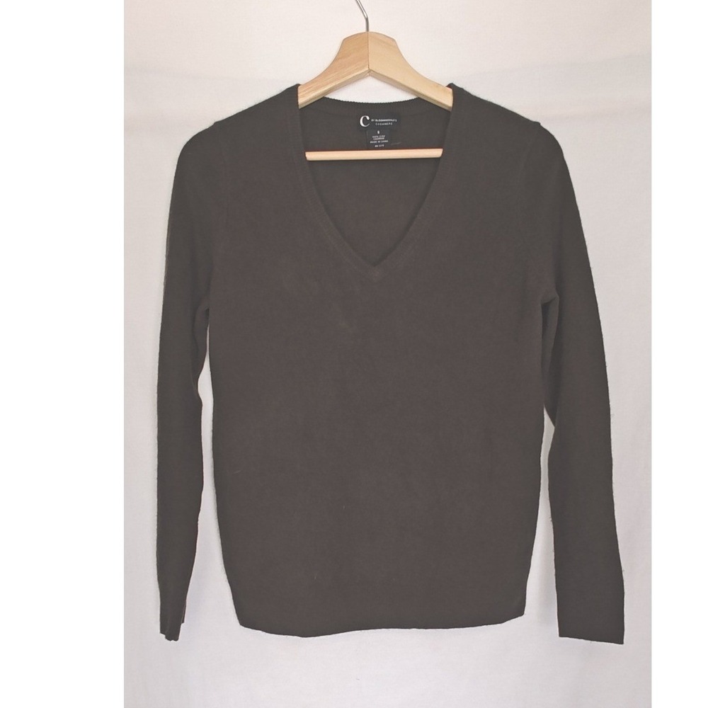 C by Bloomingdale's Cashmere V-Neck Sweater Small Olive Green 100%‎ 2-Ply Knit